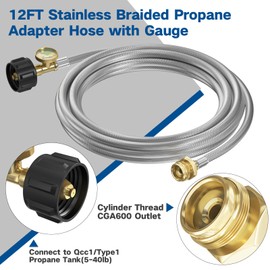 10FT Stainless Braided Propane Adapter Hose with Gauge, Adapter Hose with QCC1/Type1 Adapter Connect 20-45 lb Propane Tank (10FT Extension Hose/Propane Fuel Filter) for Mr Buddy Heater and Big Buddy