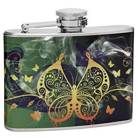 Hip Flask Holding 4 oz - Butterflies Design - Pocket Size, Stainless Steel, Leak Proof, Screw-On Cap - Green, Black, White, Orange and Yellow Wrapped Vinyl Finish