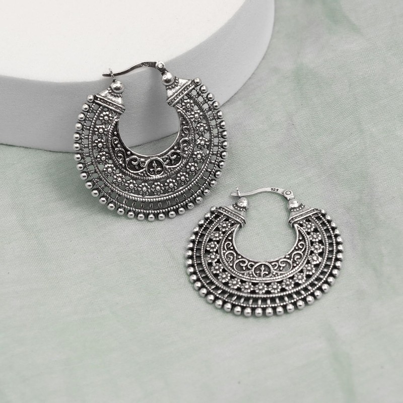 LeCalla 925 Sterling Silver Filigree Earrings Small Antique Oxidised Click