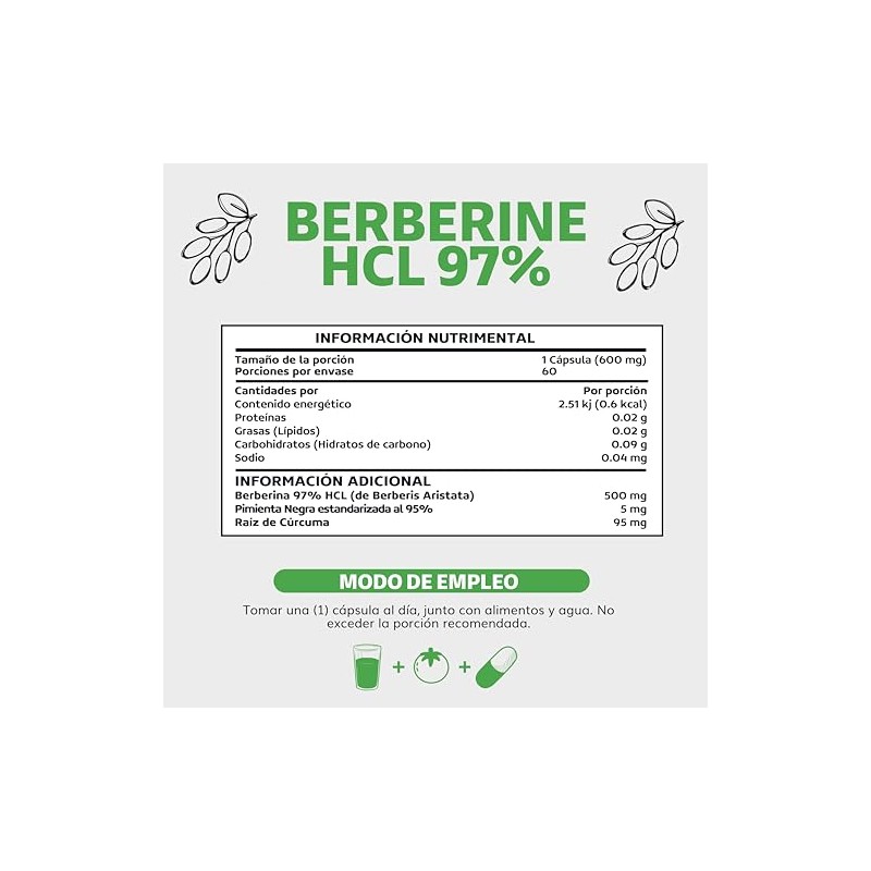 Berberina HCL 97% | 500mg de Berberina Clorhidrato, potenciado con