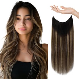 Sunny Wire Hair Extensions Real Human Hair Fish Line Human Hair Extensions Invisible Wire Extensions Natural Black Roots to Dark Brown with Caramel Brown Ombre #1B/4/27 18 Inch