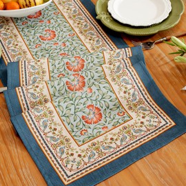 Laolitou Designer Blue Floral Linen Table Runner, Vintage Cottage Rustic Table Runners, Wrinkle Resistant Table Decoration for Kitchen Dining and Coffee Tables Banquet Christmas 13x72 Inches