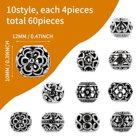 Pack of 60 Metal Beads Spacer Beads Metal Beads Large Hole Spacer Beads Metal Beads Bead Caps Beads for Threading Beads for Bracelets DIY Jewellery Making Necklace