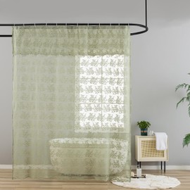 YJ YANJUN Sage Green Shower Curtain for Bathroom, Rustic Floral Lace Sheer Shower Curtain with Attached Valance, Scalloped Edge Elegant Sage Shower Curtain, 72 x 72 Inch, Sage Green