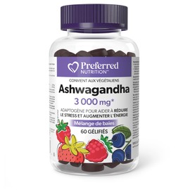 Preferred Nutrition® Ashwagandha 3000 mg 60 Gummies Mixed Berry, Gelatin-Free, Vegan, Adaptogen to Help Reduce Stress and Increase Energy, Proudly Canadian