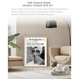 iHery Better Late Than Ugly Natural OAK Wood Audrey Hepburn Newspaper Trendy Framed Wall Art, Large 16x20 in Vintage Headline Canvas Bedroom Wall Decor, Set of 1 Bathroom Girly Dorm Living Room