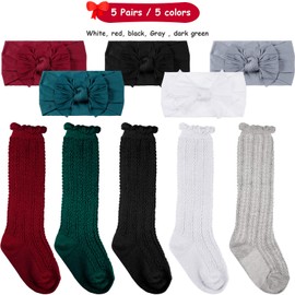 5 Pairs Baby Girl Knit Knee Sock with 5 Pieces Bowknot Headband (Medium,Multicolored)