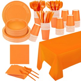 TWOWYHI 229PCS Orange Party Supplies Set Paper Disposable Plates Cups Plastic Spoons Forks Knives Orange Napkins Severs 30Disposable Party Dinnerware for Wedding Birthday Party 1PCS Table Cover
