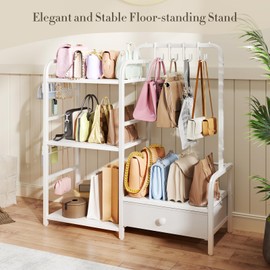 Nuoex High-Capacity Bag Organizer for Closet, 3 Tier Floor-Standing Purse Storage with Hanger, Drawer and Adjustable Hooks, High-Capacity Bag Organizer, White