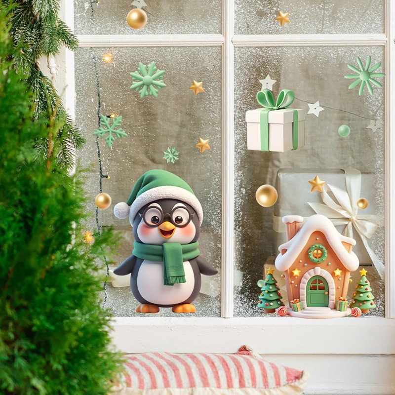 9 Pcs Christmas Window Stickers, Large Christmas Window Decorations,Reusable Stereo
