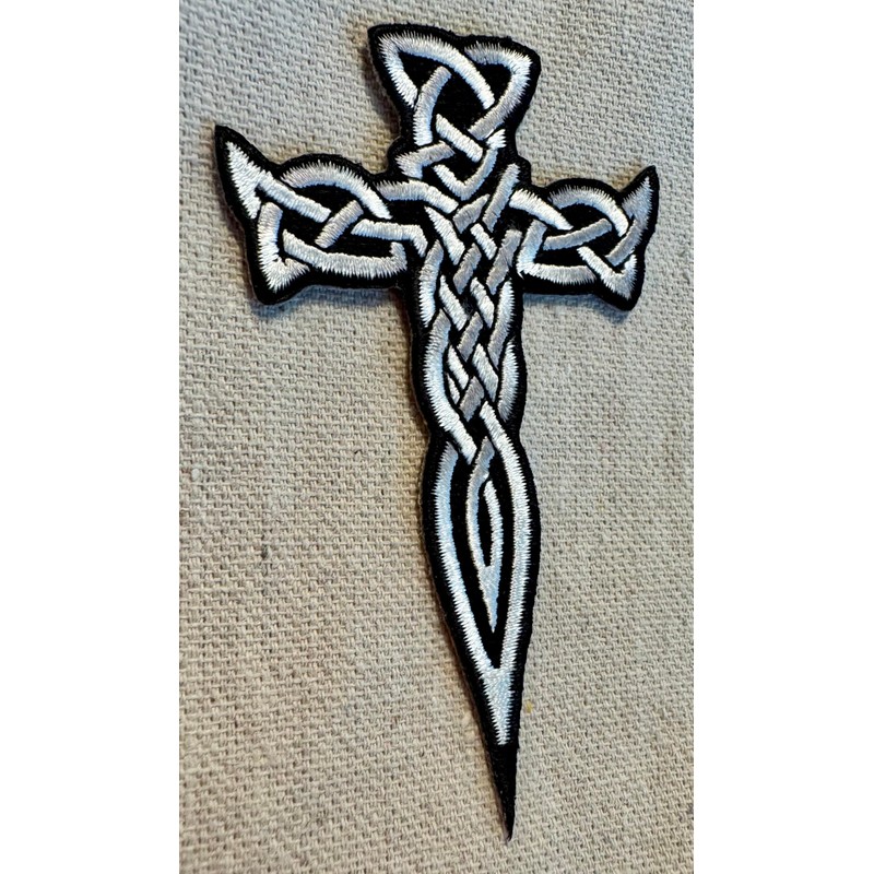 Celtic Cross Dagger White Iron-On Patch Embroidered Irish Crucifix