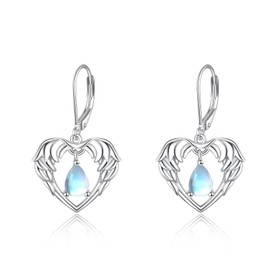 Angel Wing Earrings Sterling Silver Love Heart Earrings Moonstone Guarded Angel Earrings Jewel Gifts for Women, Gold-plated, Moonstone