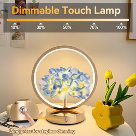 JHXLAMP Birthday Gifts for Women Mom,Hydrangeas Flower Touch Lamp,Rechargeable Cordless 3 Way Dimmable Small Night Light for Bedroom,Living Room,Office Home Decor Thank You Gifts for Festival-Blue
