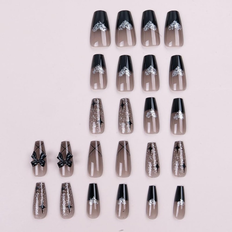 Nail Tip, False Nails, Stylish, Black, 24 Pieces, Long Nail
