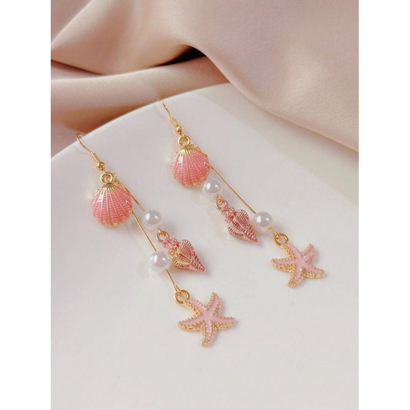 Starfish Earrings, Copper Beach-Themed Dangle Earrings With Starfish Seashell Pearl