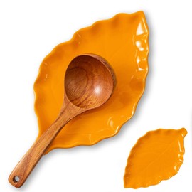 Ceramic Leaf Shape Spoon Rest for cooking, Cute Green Cooking Spoon Holder for Stove Top,Large Porcelain Spatula Rest for Kitchen Counter, Farmhouse Kitchen Decor (maple orange)