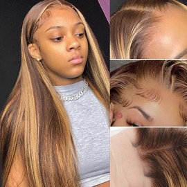 Highlight Lace Front Wigs Human Hair For Women 13x4 HD Transparent 4/27 Honey Blonde Lace Frontal Wigs Pre Plucked with Baby Hair 150% Density Colored Straight Lace Front Wigs