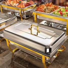 Chafing Dishes for Buffet 4 Pack, [Elegant Gold and Silver] Stainless Steel Chafing Dish Buffet Set, 8QT No-Finger Cut Roll Edge Chafers and Buffet Warmers Sets for Party (Gold 1/2 Panx2+Full Panx2)