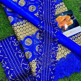 Elegant Blue and Gold Lace Fabric with Bazin and Trims - Color: A