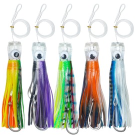 Trolling Lures Saltwater,6 Inch Offshore Big Game Trolling Lures Skirted Deep Sea Fishing Lures Set for Mahi Tuna Marlin Wahoo Rigged with Leader Squid Skirts Hook