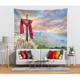 CORFOTO Fabric 106Wx70H Jesus Cross Easter Tapestry He is Risen Christ Crucifixion Faith God Gospel Peak Cross Holy Decor Wall Hangings Wall Art for Bedroom Living Room College Dorm Decor