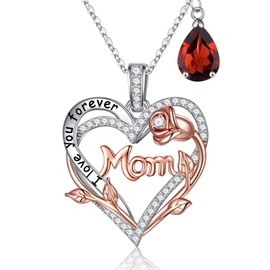 Iefil Mom Gifts Mom Necklace, 925 Sterling Silver Mom Birthstone Necklace Mothers Day Valentines Day Christmas Mom Birthday Gifts January Birthstone Red Garnet Jewelry