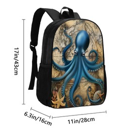 Kamoxi Funny Octopus Backpack Blue Octopus Retro World Map Bookbag for Kids Boys Girls, Ocean Animal Students School Bags Waterproof Lightweight Casual Travel Hiking Laptop Daypack Large 17"