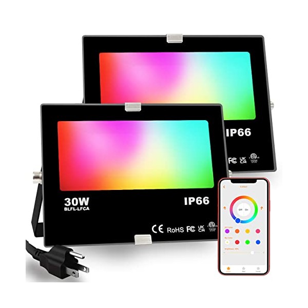 ILC LED Flood Light 30W Outdoor RGB Color Changing, Smart Floodlights RGBW 2700K Warm White & 16 Million Colors, 20 Modes, Grouping, Timing, IP66 Waterproof (2 Pack)