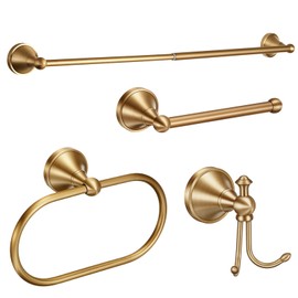 Otoolling 4 Pcs Antique Brass Bathroom Accessories Set Wall-Mounted Brass Towel Rack & Towel Ring & Toilet Paper Holder & Robe Hook, Wall Mounted Gold Vintage Bath Hardware Fixture Set