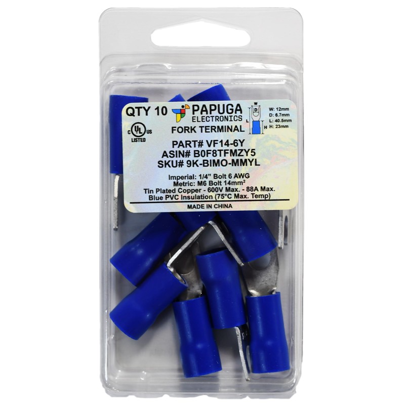 10PCS 6 AWG 1/4" M6 Insulated Fork Crimp Connector 88A