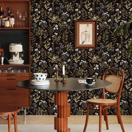Aekenr Floral Peel and Stick Wallpaper, Black and Gold Vintage Boho Wall Paper, Self Adhesive Removable Contact Paper, 17.7”×118” Bathroom Wallpaper