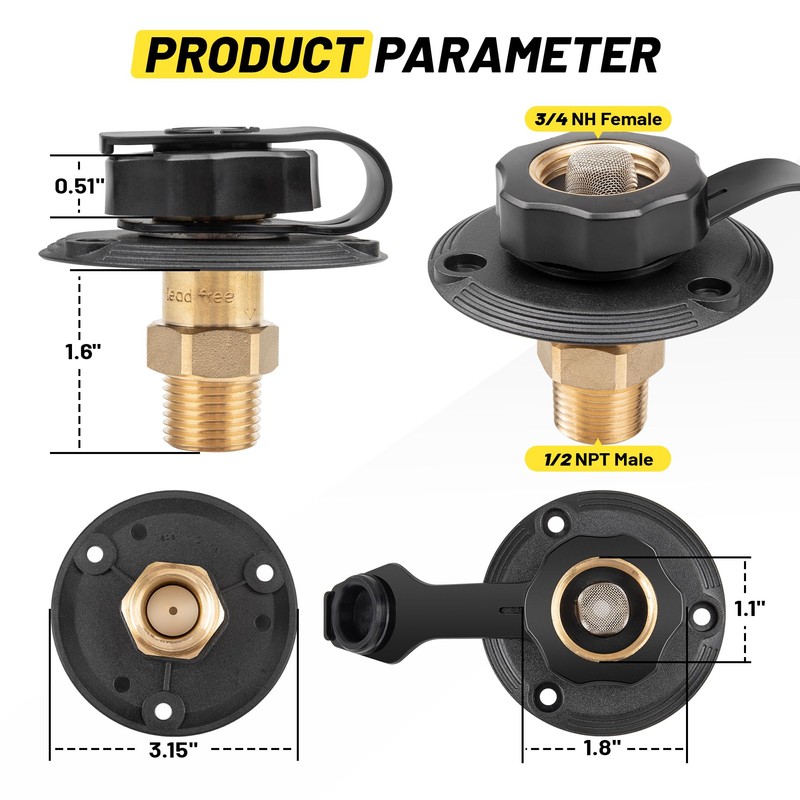 Oyviny RV City Water Inlet with Check Valve, Lead-free Brass