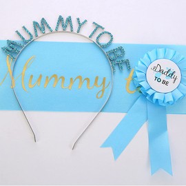 Camelliass Mummy To Be Sash and Tiara, Daddy to Be Badge, Rhinestone Mummy To Be Crown Headband Satin Sash for Baby Shower Party Decoration Gifts (Blue)