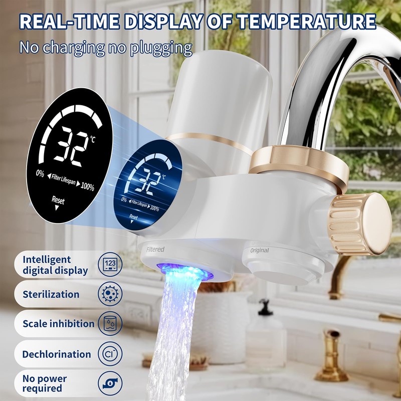 Water Filter Tap with LED Display, Includes 2 Filters, Water