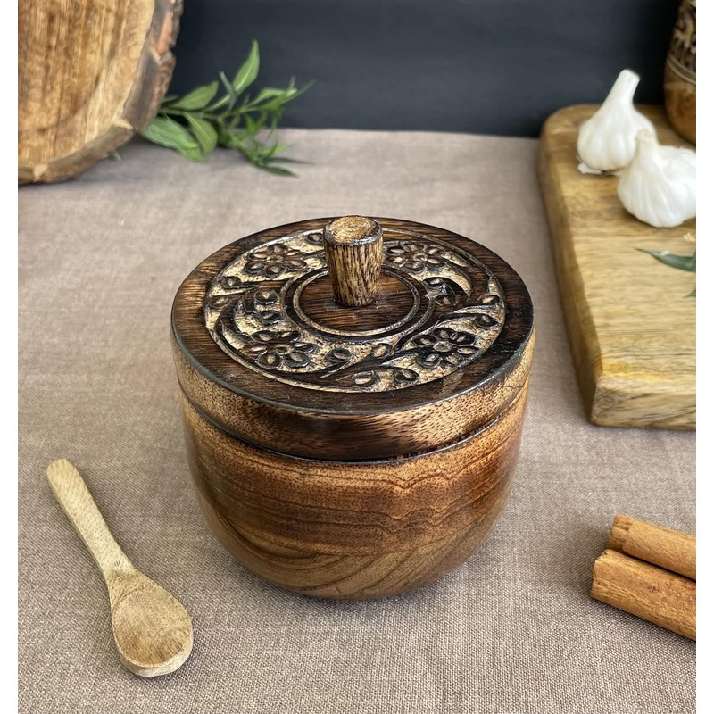 KPAVIR Rustic Salt Box with Hand Carved Lid & Spoon,