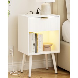 ASACESCU White Fluted Nightstand with Charging Station, Modern Bedside Table with Storage Drawer, Wood Night Stand Side End Table for Bedroom, Living Room, Office