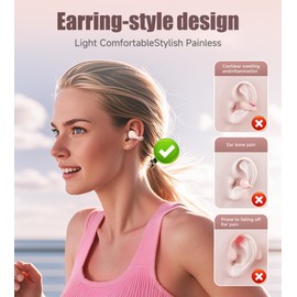 King Lucky King Lucky i21 Open Ear Clip On Earbuds Wireless Bluetooth Ear Clip Headphones with Mic, Noise Cancelling, Waterproof IPX4, for Small Ears, Perfect for Running, Sports, and Glasses Wearers (Pink)