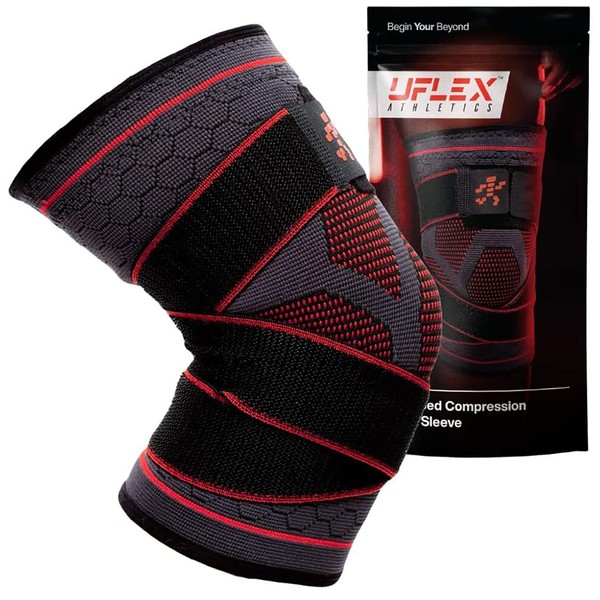 UFlex Knee Brace Compression Sleeve with Straps, Non Slip Running and Sports Support Braces for Men and Women, Sports Safety in Basketball, Tennis - Pain & Discomfort Related to Meniscus Tear (Small 14.5" - 17", 1 Pack)