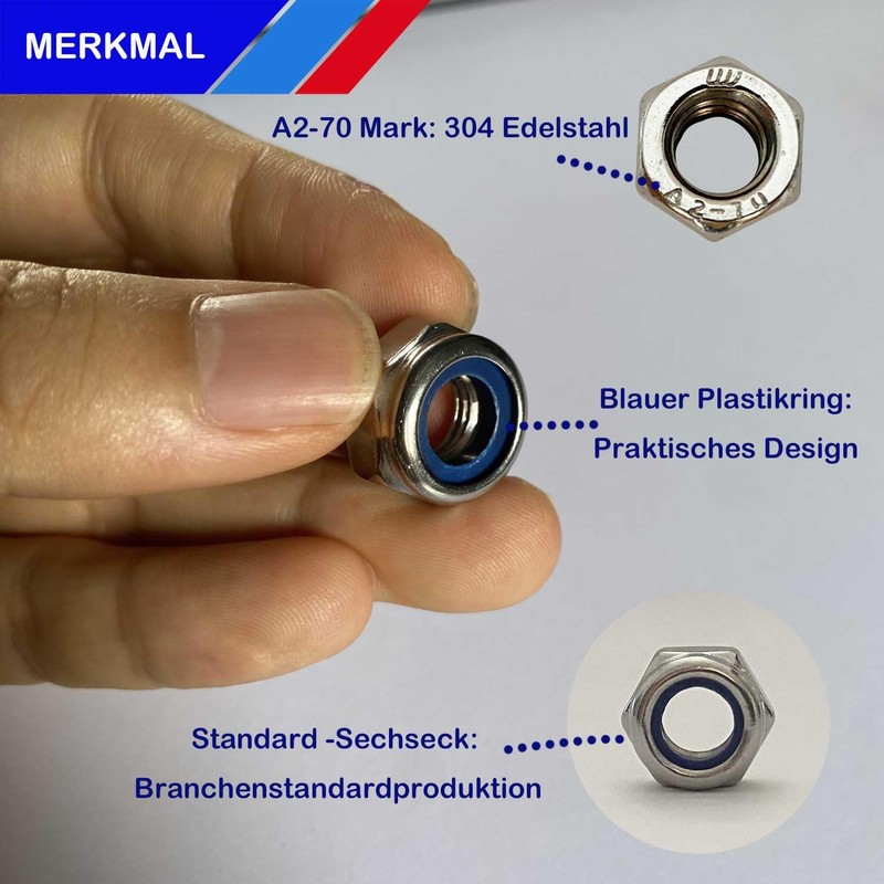 Pack of 50 Nylon Nuts M6 Stainless Steel, Hexagonal Nuts,