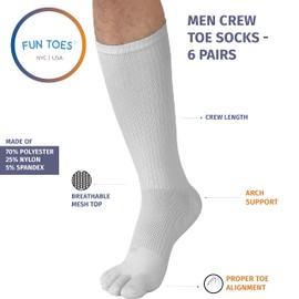 FUN TOES Calcetines atléticos para correr con puntera redonda, ajuste adecuado de los dedos, parte superior de malla transpirable, 6 pares, tamaño de paquete 6 – 12, Blanco, 8-12