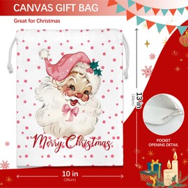 DSHFG Cute Pink Bow Santa Claus Christmas Drawstring Gift Bags Santa Bag, Merry Christmas Favors Bags for Gifts Women Wife Teens Friends Mom, Small Size Birthday Bag, 10x13 Inch