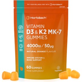 Vitamin D3 K2 Gummies | 60 Count (2 Months Supply) | High Strength 4000iu Vitamin D3 and 50ug Vitamin K2 MK7 | Natural Orange Flavour | Vegetarian | by Horbaach