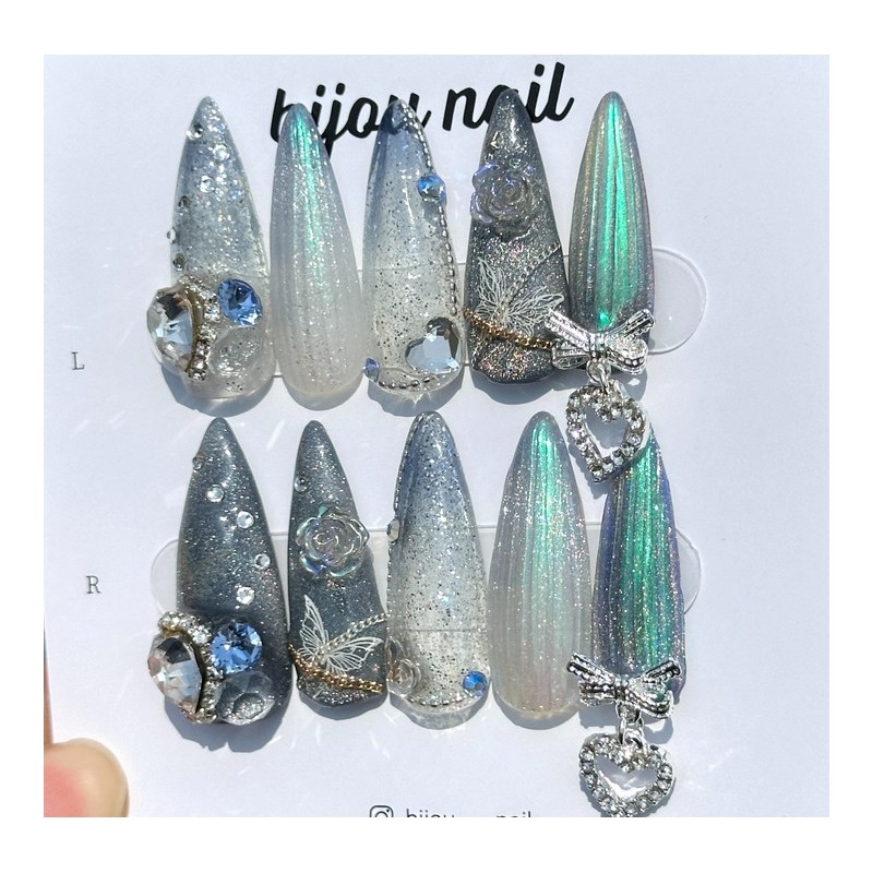 Glass rose handmade nail - Almond / 글라스 로즈 수제네일