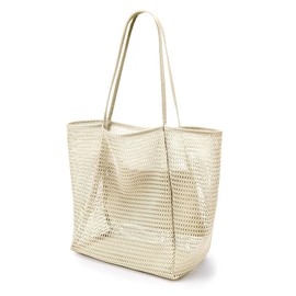 JYJLLM Large Capacity Mesh Beach Bag for Women - Breathable Openwork Tote with Zip Pocket, Waterproof Foldable Design for UK Summer Travel, Picnic, Grocery & Reusable Shopping (Beige)