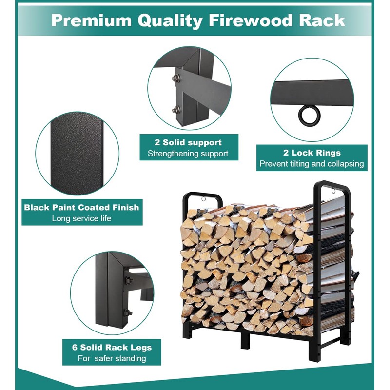 4Ft Firewood Rack Adjustable Fireplace Wood Holder for Outdoor Indoor