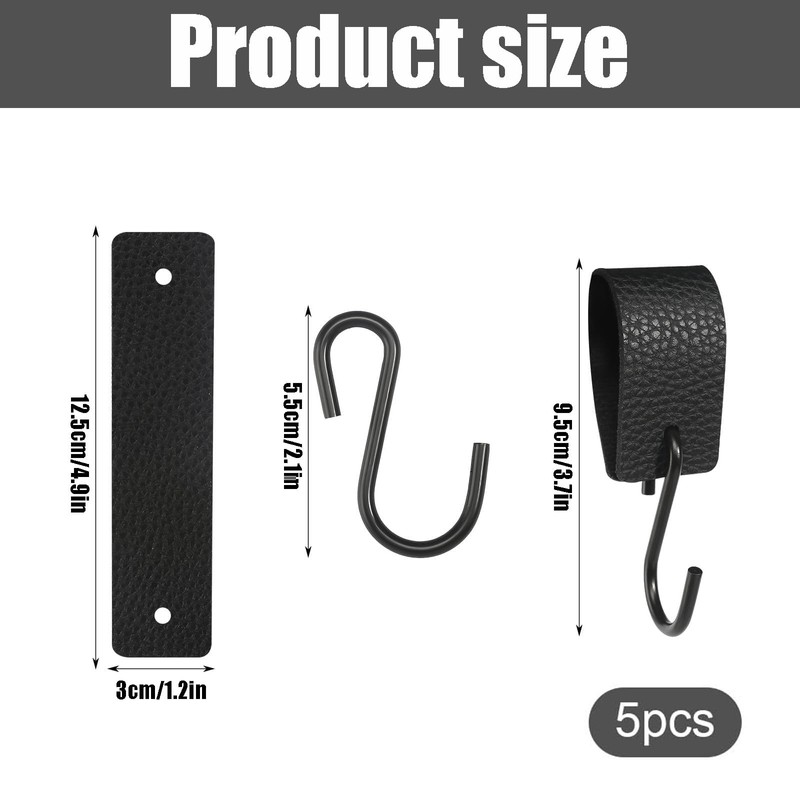 Funngy S Hooks with Leather Loop, Pack of 5 Black