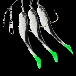 Jenzi DEGA Rubber Fish Leader with Reflective Film, 3 Rubber Fish, Three Colours, Line 0.80 mm, Hook Size 7/0 (White/Green)