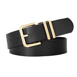 SUOSDEY Women's leather belt for jeans, fashionable women's waist belt, dress belt with golden buckle, 3.3 cm width, black