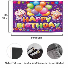 Swono Happy Birthday Flag 3x5 ft Balloons Pastries Love Ribbons Party Element Flag Double Sided Double Stitched with Brass Grommets