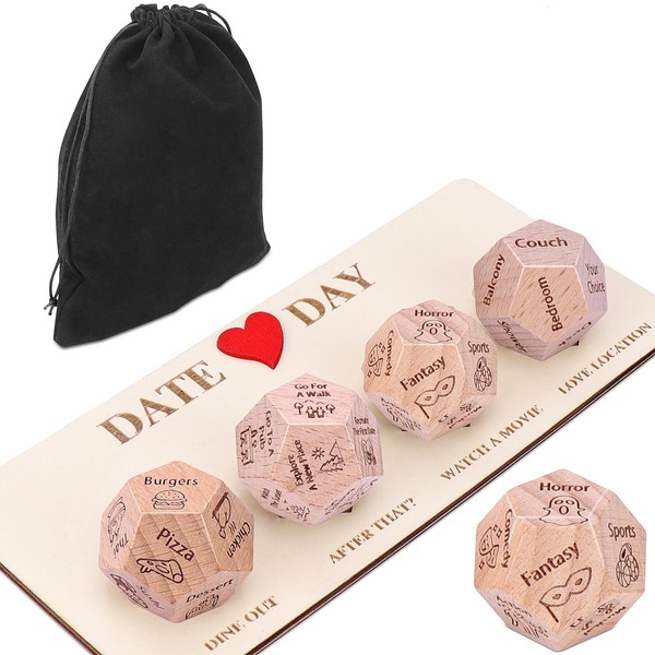 Meetory 12 Sided Date Night Dice, 4 PCS Date Night Games with Pouch Storage, Date Night Ideas for Couples, Dice Games Wooden Dice Food Dice for Birthday Valentine's Day Anniversaries Gift